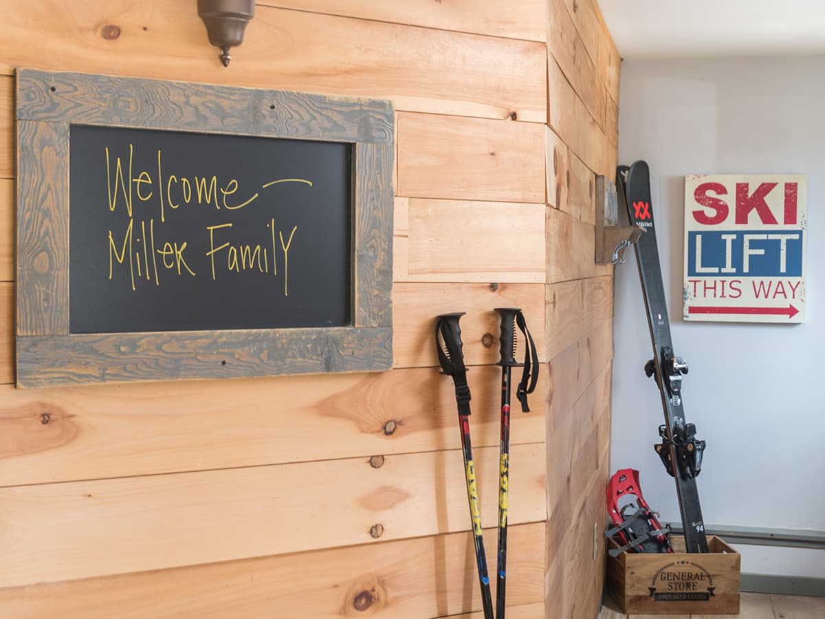 Sign says "Welcome Miller Family" to our lodge for Skiing near Mad River Valley